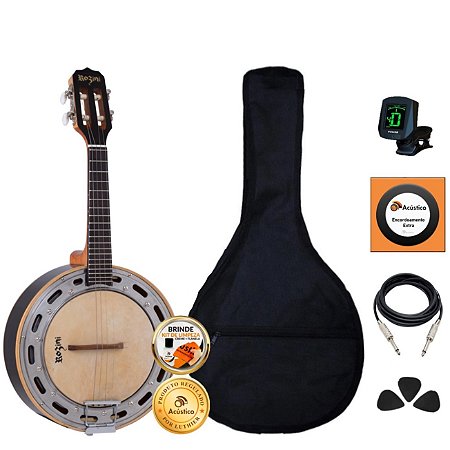 Kit Banjo Rozini Elétrico 4 Cordas Caixa Larga Preto Completo