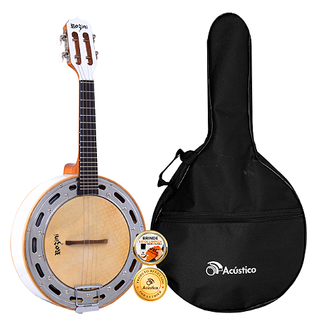 Kit Banjo Rozini Elétrico 4 Cordas Caixa Larga Branco Capa