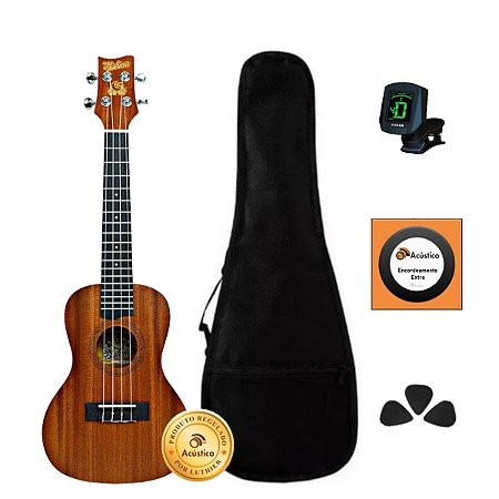 Kit Ukulele Concert Profissional Mahina 23K Sapele Completo