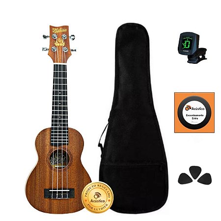 Kit Ukulele Soprano Profissional Mahina 21K Sapele Completo