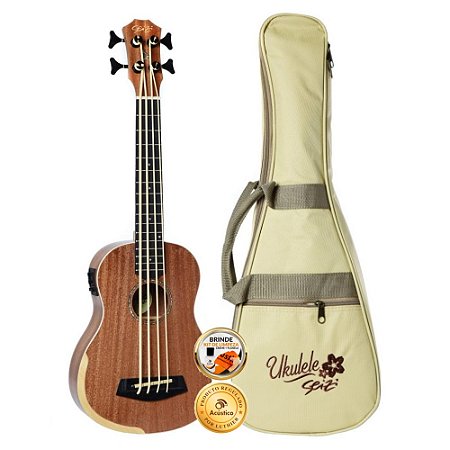 Ukulele Seizi Basslele Bora-Bora Sapele Elétrico Com Bag