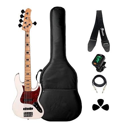 Kit Contrabaixo 5 Cordas Tagima Jazz Bass TJB-5 OWH Olympic White + Acessórios
