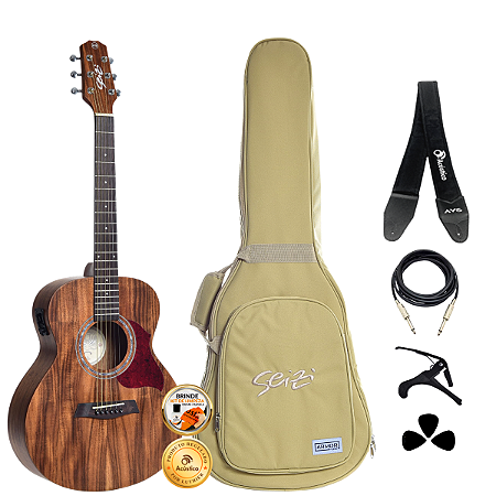 Kit Violão Seizi Mini Kyoto Koa Auditório Ativo Aço Completo