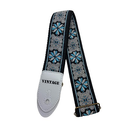 Correia Basso Ecostrap Azul Bordado Para Guitarra Violão