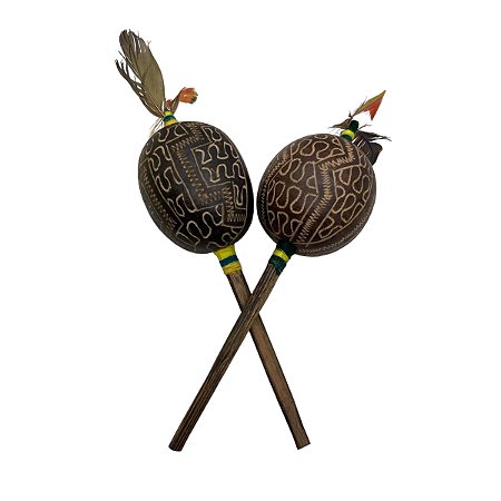 Maraca Artesanal Chocalho Indígena Cabaça Desenhada C/ Penas