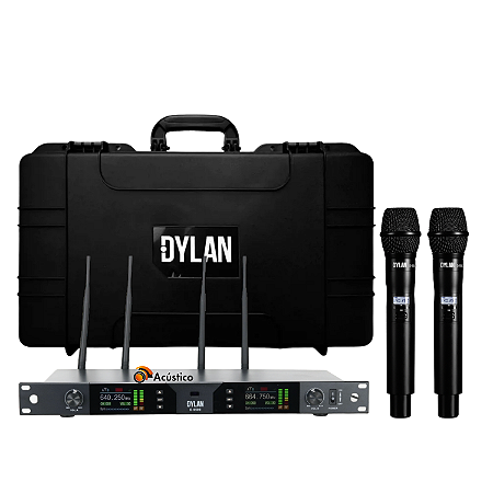 Microfone Sem Fio Duplo UHF Profissional Dylan D-9500 + Case
