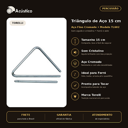 Torelli Triângulo 15 Cm Cromado Tl602 de Aço Percussão Forró