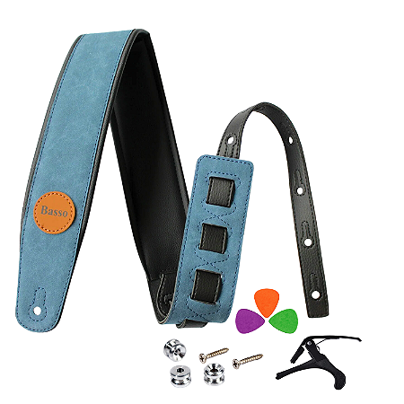Correia Basso Jeans Acolchoada Guitarra Violão + Acessórios