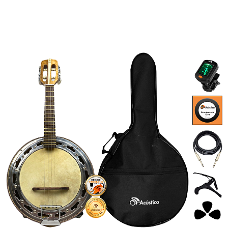 Kit Banjo Elétrico 4 Cordas Estudante Caixa Larga Toks Completo