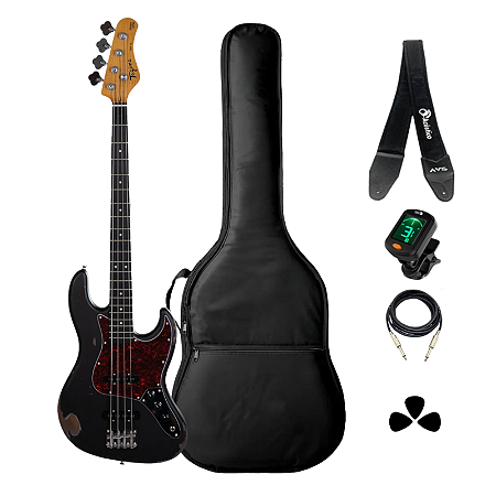 Kit Baixo 4 Cordas Tagima TBA-73 Relic Antique BK Completo
