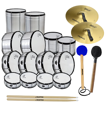 Kit Fanfarra Banda Escolar 14 Instrumentos Luen Batuka + Baquetas + Pratos Liverpool Master 14"