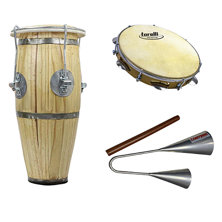 Atabaque 45cm Afin Presilha Metal + Agogô + Pandeiro Couro