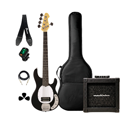 Kit Baixo AT Michael Music Man 5C Preto + Acessórios + Ampli