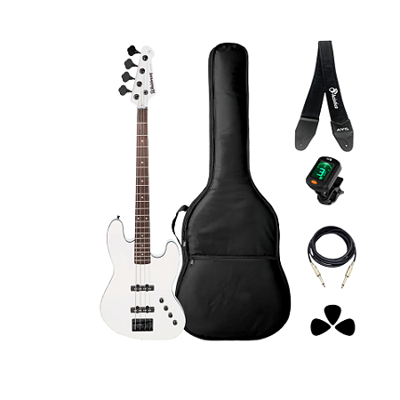 Kit Baixo JB Atv 4 Cordas Waldman GJJF Branco + Acesórios