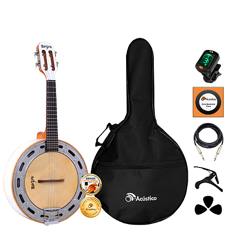 Kit Banjo Rozini Elétrico 4 Cordas Rj11 Branco Completo