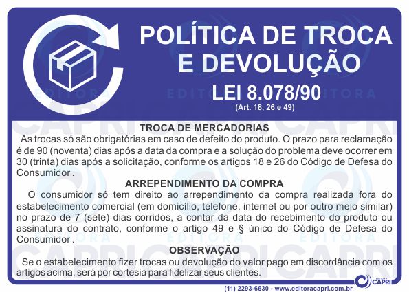 Kit 5 Placas Adesivas "POLÍTICA DE TROCA E DEVOLUÇÃO" - EDITORA CAPRI