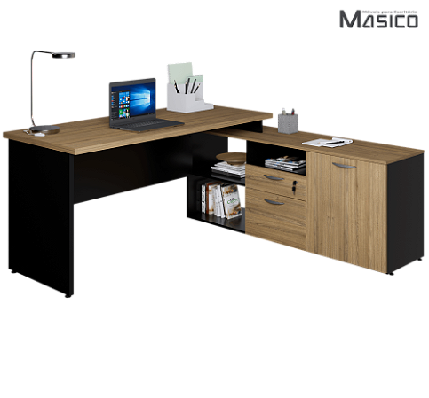 Mesa Diretor Base Armário Lateral c/ Estante + 1 Porta + 1 Gaveta + Gaveta p/ Pasta Pé Painel Preto