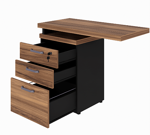 Gaveteiro Volante 3 Gavetas (2+1 pasta) c/ Tampo Mesa Complemento Nogal/Preto 900x450x735mm (Larg/Prof/Alt)