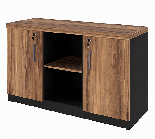 Armário Baixo Credenza 2 Portas + Nicho Central c/ Prateleiras Nogal/Preto 1200x450x735mm (Larg/Prof/Alt)
