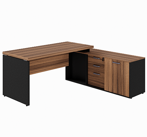 Mesa Diretor MDP Armário Pedestal c/ Estante, Nicho c/ Porta e Gaveteiro 2+1 Gavetas Tampo 40mm Encabeçado Nogal/Preto