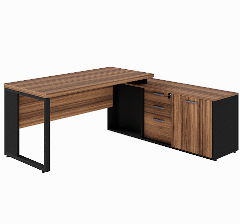 Mesa Diretor Quadro Armário Pedestal c/ Estante, Nicho c/ Porta e Gaveteiro 2+1 Gavetas Tampo 40mm Encabeçado Nogal/Pret