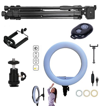 Tripé profissional universal com ring light 10 polegadas + ballhead sapata suporte celular simples e controle bluetooth