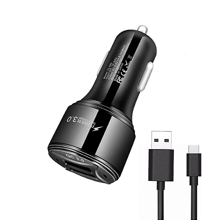 Carregador Veicular Duplo Usb Carga Rápida + Cabo Usb Tipo C