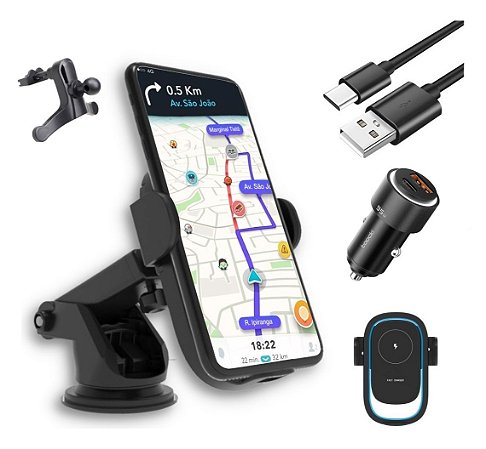 Suporte Carregador Veicular Sem Fio + Carregador Usb Super Turbo 95w