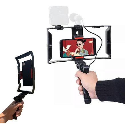 Estabilizador Gaiola Cage Para Celular + Mini Tripé Grip de Mão Gravação Na Vertical e Horizontal