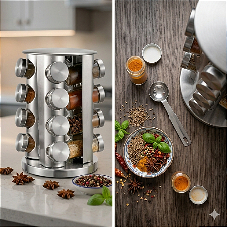 COMBO TEMPEROS - Porta Tempero Cozinha Giratório Inox 16 Potes + 80 adesivos + BRINDE ESPECIAL