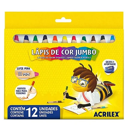Lápis de cor 12 cores, JUMBO - Acrilex
