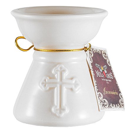 Incensário Milagros cerâmica, com cruz - Branco