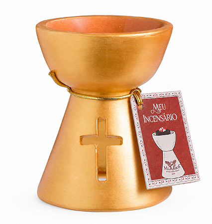 Incensário cerâmica Terracota Milagros com cruz - Dourado