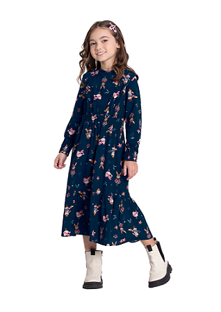 VESTIDO MIDI INFANTIL MENINA ESTAMPADO MARINHO | ALAKAZOO (4 ANOS)