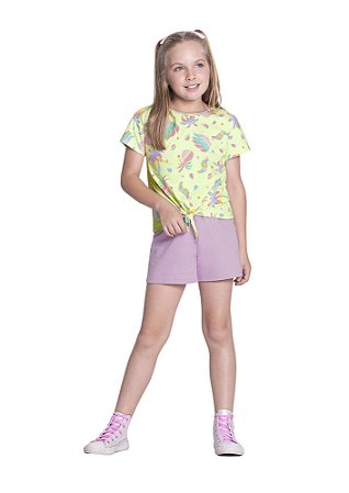 Conjunto Infantil menina blusa e Jardineira estampada em viscose