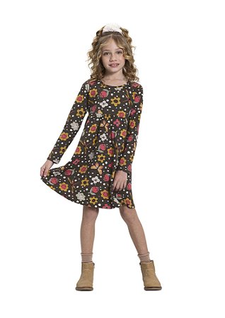 VESTIDO INFANTIL MENINA ESTAMPADO OUTONO | ALAKAZOO (4 A 10 ANOS)
