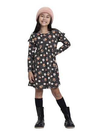 VESTIDO INFANTIL MENINA PRETO ESTAMPADO | ALAKAZOO (4 A 10 ANOS)