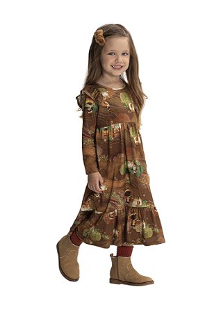 VESTIDO MIDI INFANTIL ESTAMPADO COM MANGA LONGA | ALAKAZOO (1 / 2 / 8 ANOS)