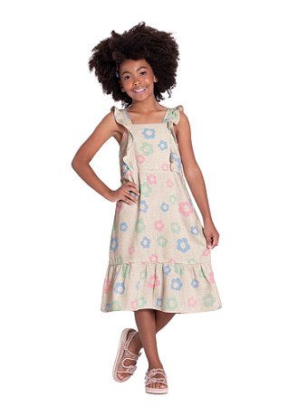 VESTIDO SARJA MIDI INFANTIL MENINA COM BABADOS | ALAKAZOO (3 ANOS)