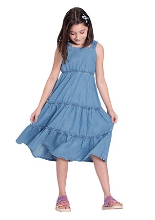VESTIDO JEANS MIDI INFANTIL MENINA COM BABADOS | ALAKAZOO (4 ANOS)