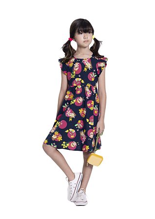 VESTIDO FEMININO ESTAMPADO EFEITO BABADO | ALAKAZOO (1 A 10 ANOS)