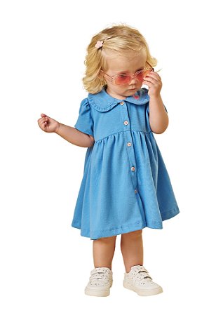 VESTIDO BEBÊ MENINA EM TECIDO PIQUET AZUL | POKOTINHA (3M A 1 ANO)