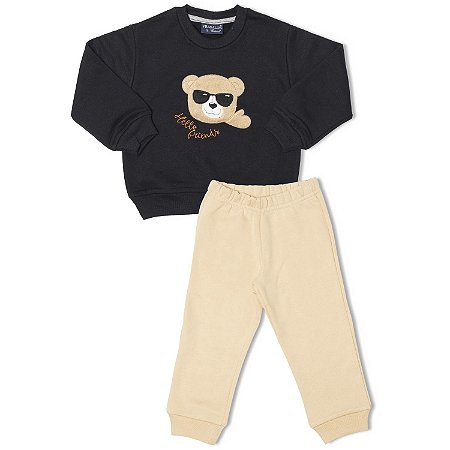 CONJUNTO INFANTIL MENINO MOLETOM PRETO | VRASALON (1 A 2 ANOS)