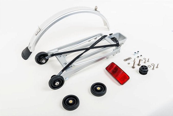 Conjunto do rack completo Brompton prata (bagageiro, paralamas traseiro, refletor e rodinhas) - QRACKA