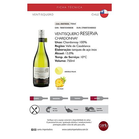 Vinho Branco Seco Ventisquero Reserva Chardonnay - 2021 Chile 750ml