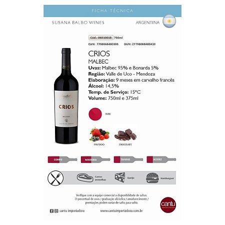 Vinho Tinto Seco Crios Malbec 2021 Argentina 750ml