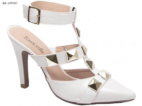 Sapato Scarpin Verniz Branco Apliques Dourado Ajuste em Fivela - Loja Frank  - Calçados sofisticados.