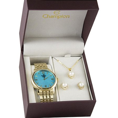 Kit Relógio Feminino Champion CN27787Y Analogico - Dourado