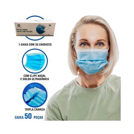 Kit 50 Máscara Descartável Elástico Clipe Nasal Med. System