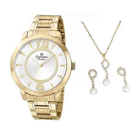 Kit Relógio Feminino Champion + Colar e Brincos CH24259D